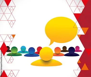 Graphic illustration of person speaking in front of group