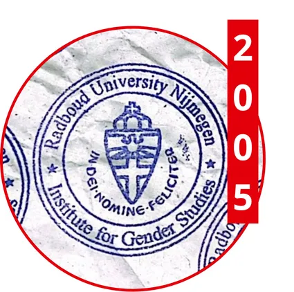 Ronde afbeelding met stempel van Institute for Gender Studies