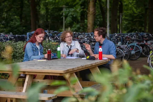 studenten aan bank in discussie