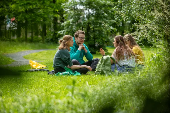 Studenten op de campus in het gras