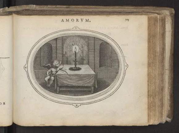 Foto: Embleem met de kaars en de muggen, afkomstig uit Otto Vaenius, Amorum emblemata. Antwerpen, 1608.Embleembundel uit 1667 afbeelding kaars en mug