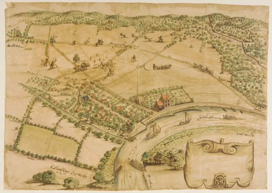 A detailed drawing (around 1690) 'Rheder-veer aan de IJssel' opposite 'de Valeweerd'. With view on the 'Rheder Enk', the 'Rheder bos', Rheden and the 'Wildbaan' at the top right. Source: Gelders Archief