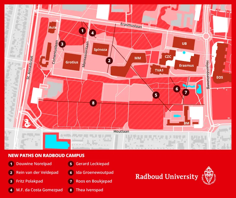 A map of the Radboud University campus with names and locations of the new paths