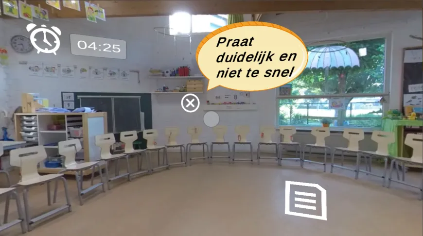 Screenshot van SpeakApp-KIDS, een virtual reality-app waarin kinderen hun spreekbeurt kunnen oefenen voor een virtuele klas