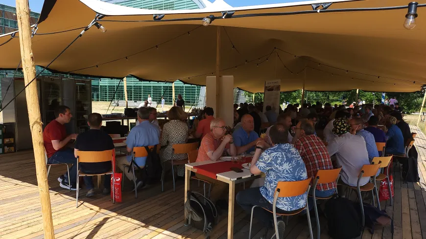 Lunch break outside in a large tent