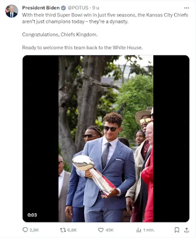 Bericht President Biden: "With their third Super Bowl win in just five seasons, the Kansas City Chiefs aren't just champions today - they're a dynasty. Congratulations, Chiefs Kingdom. Ready to welcome this team back to the White House."