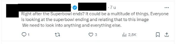Reactie Biden Tweet: "Right after the Superbowl ends? It could be a multitude of things. Everyone is looking at the superbowl ending and relating that to this image We need to look into anything and everything else."