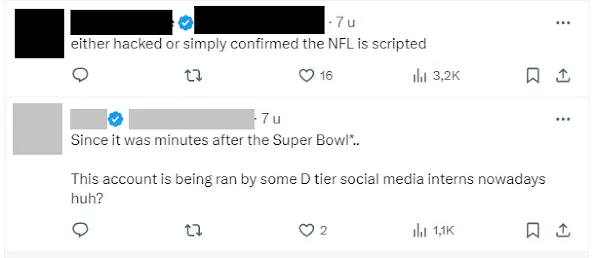 Reactie van Biden op een tweet: "Either hacked or simply confirmed the NFL is scripted", "Since it was minutes after the Super Bowl... This account is being ran by some D tier social media interns nowadays huh?"