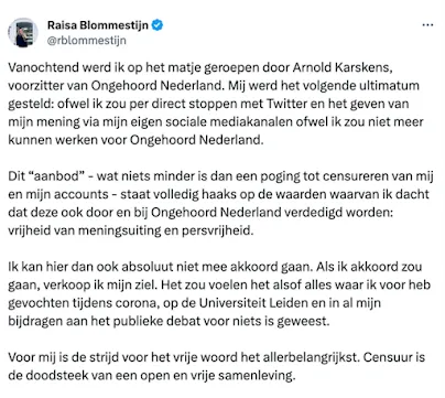 Tweet van Raisa Blommenstijn die afscheid neemt van Ongehoord Nederland.