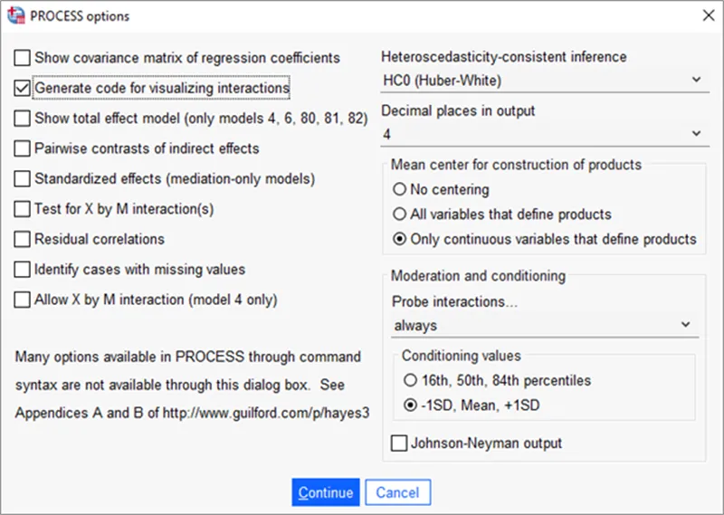 PROCESS options pop-up dialog