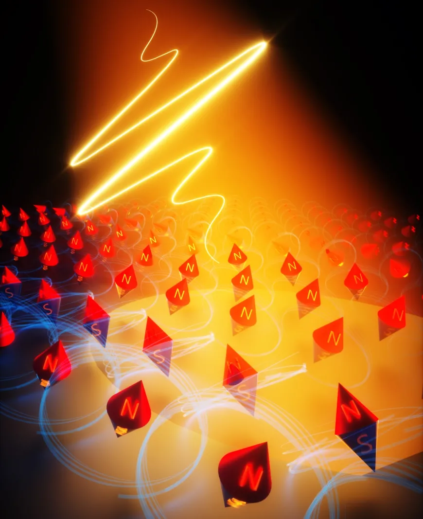 Figure: The ultrashort laser pulse triggers rotation of elementary magnets, “spins” in a magnetic material, launching a “magnon” wave, which can carry energy and information.