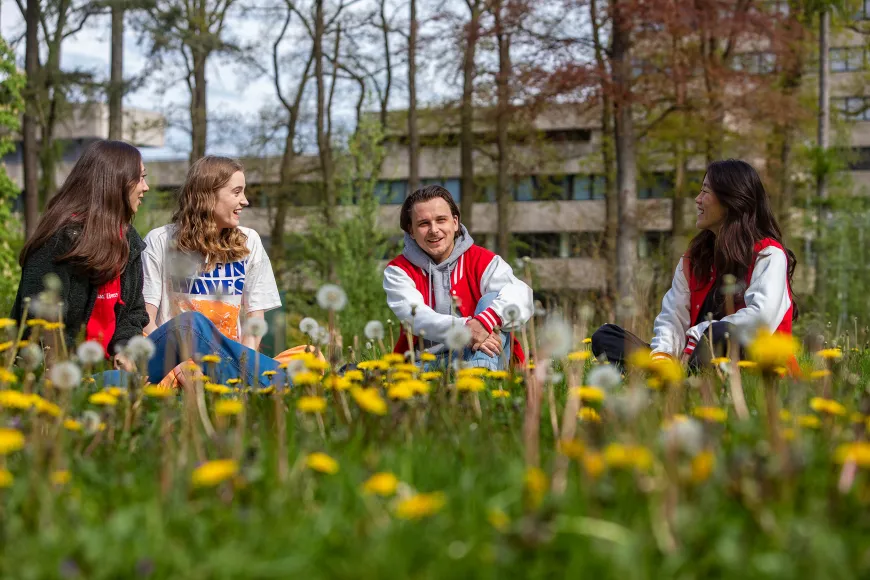 Studenten zitten in het gras in de lente.