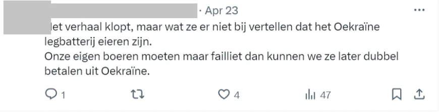 Tweet met: 'Het verhaal klopt, maar wat ze er niet bij vetellen dat het Oekraïne legbatterij eieren zijn. Onze eigen boeren moeten maar failliet dan kunnen we ze later dubbel betalen uit Oekraïne.'