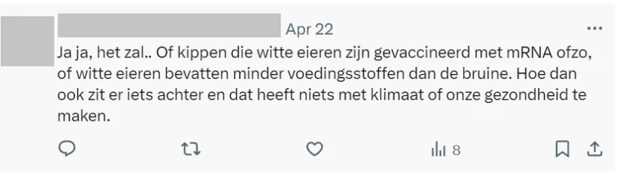 Tweet met: 'Ja ja, het zal.. Of kippen die witte eieren zijn gevaccineerd met mRNA ofzo, of witte eieren bevatten minder voedingsstoffen dan de bruine. Hoe dan ook zit er iets achter en dat heeft niets met klimaat of onze gezondheid te maken.'