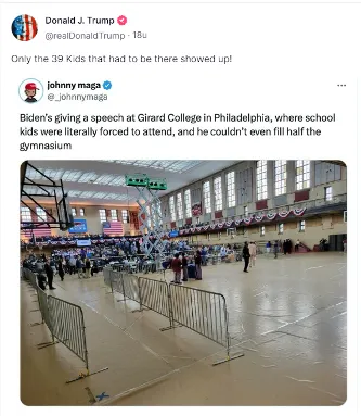 Tweet van Donald J. Trump: 'Only the 39 kids that had to be there showed up!'