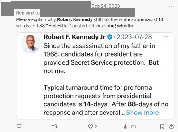 Twitter bericht van anoniem reagerend op Robert F. Kennedy Jr