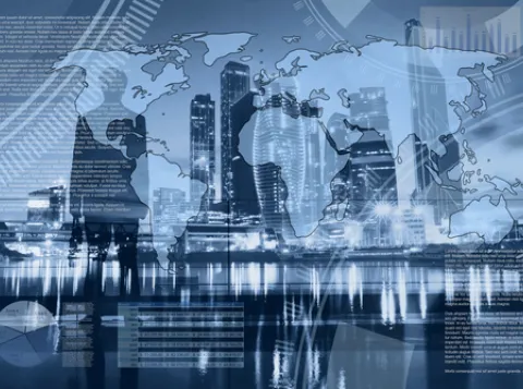 Map of the world and skyscrapers