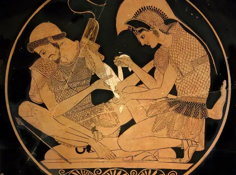 Achilles verbindt Patroclus' arm, schilderij uit klassieke oudheid