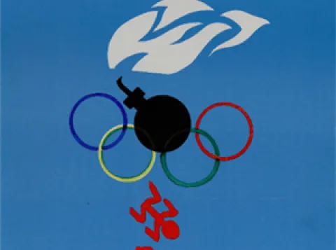 Protestaffice olympische spelen met bom en de tekst "Amsterdam Never. Sine panem et non circenses.' 
