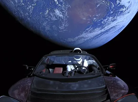 Astronaut in Tesla car in space