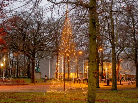 Kerstboom en lichtjes op de campus
