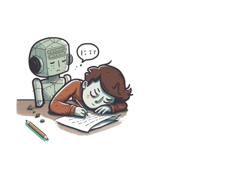 Een schrijvende student met een grijze robot op de achtergrond.