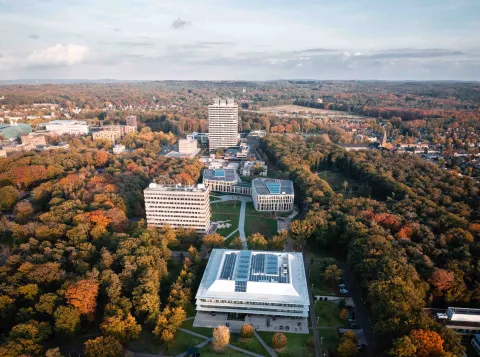 Photograph of the Radboud University campus from the sky