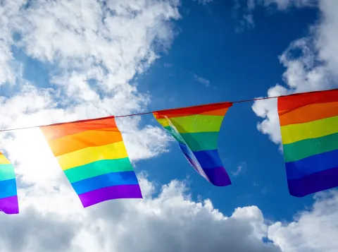 Slinger van regenboogvlaggen onder een lichtbewolkte lucht