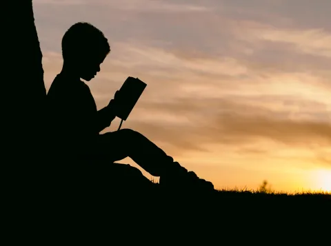 Silhouette of a boy reading at sunset