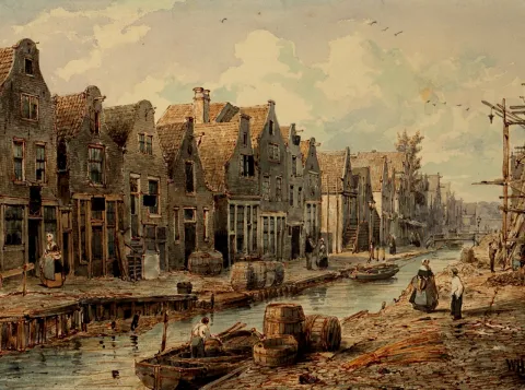 Schilderij Goudsbloemgracht Amsterdam door Willem Hekking, circa 1854