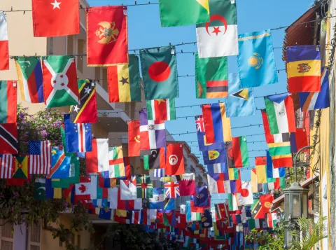 Different flags hanging across the street