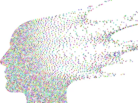 Abstract image of a pixelised head dispersing in the wind