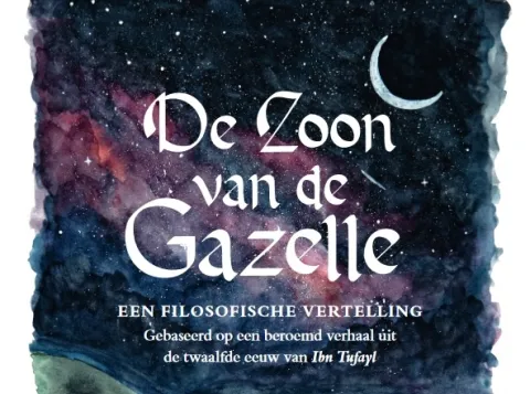 De cover van De Zoon van de Gazelle met daarop een persoon, liggend op een strand onder een sterrenhemel