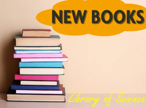 Een stapel gekleurde boeken met "new books" ernaast