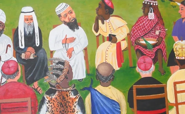 Een schilderij waarop vertegenwoordigers van verschillende religies in een kring zitten
