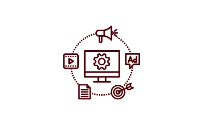 icon of a computer screen surrounded by media icons