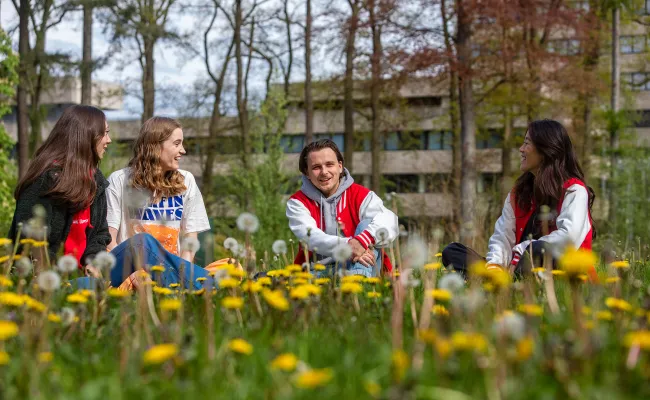 Studenten zitten in het gras in de lente.