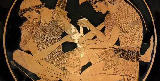 Achilles verbindt Patroclus' arm, schilderij uit klassieke oudheid