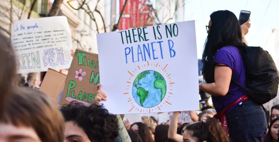climate protest with someone holding a sign reading 'there is no planet B'
