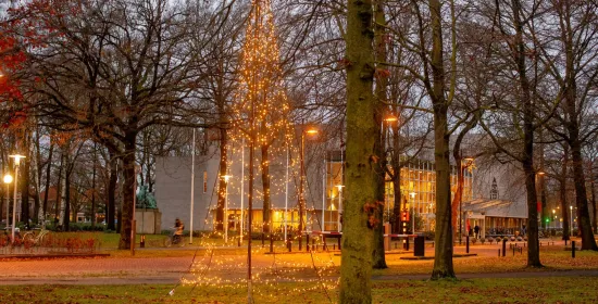 Kerstboom en lichtjes op de campus