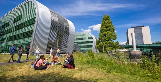 Studenten in het gras voor het Huygensgebouw