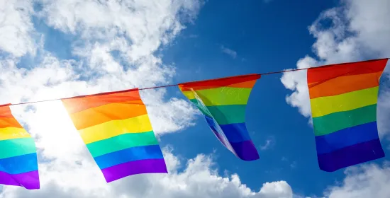 Slinger van regenboogvlaggen onder een lichtbewolkte lucht
