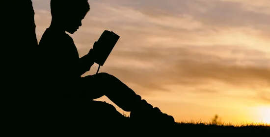 Silhouette of a boy reading at sunset