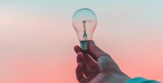 Person holding a lightbulb before a sunset