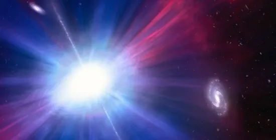 Artistieke weergave van de Vink (AT2023fhn). Bijzonder aan deze blauwe flits is dat hij zich niet in maar tussen twee sterrenstelsels bevindt. Links een satellietstelsel op ongeveer 15.000 lichtjaar van de Vink.