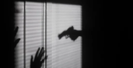 Shadow on wall with gun and hands in the air.