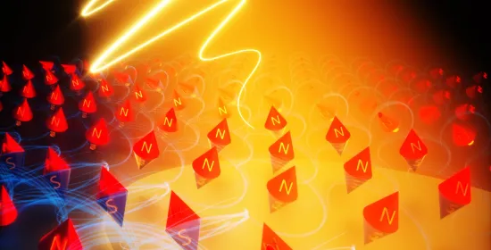 Figure: The ultrashort laser pulse triggers rotation of elementary magnets, “spins” in a magnetic material, launching a “magnon” wave, which can carry energy and information.