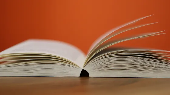 Een opengeslagen boek en een oranje muur