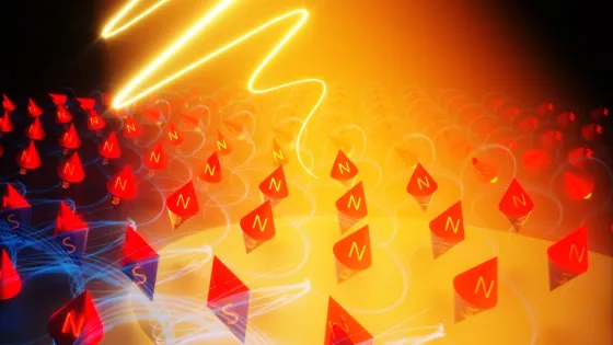 Figure: The ultrashort laser pulse triggers rotation of elementary magnets, “spins” in a magnetic material, launching a “magnon” wave, which can carry energy and information.